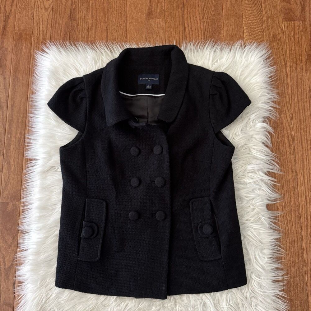 Banana Republic Tweed Short Sleeve Blazer Women’s 8 Black Double Breasted Button